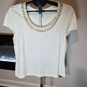 ​Talbots Petites White Beaded Neckline Short Sleeve Top Size LP